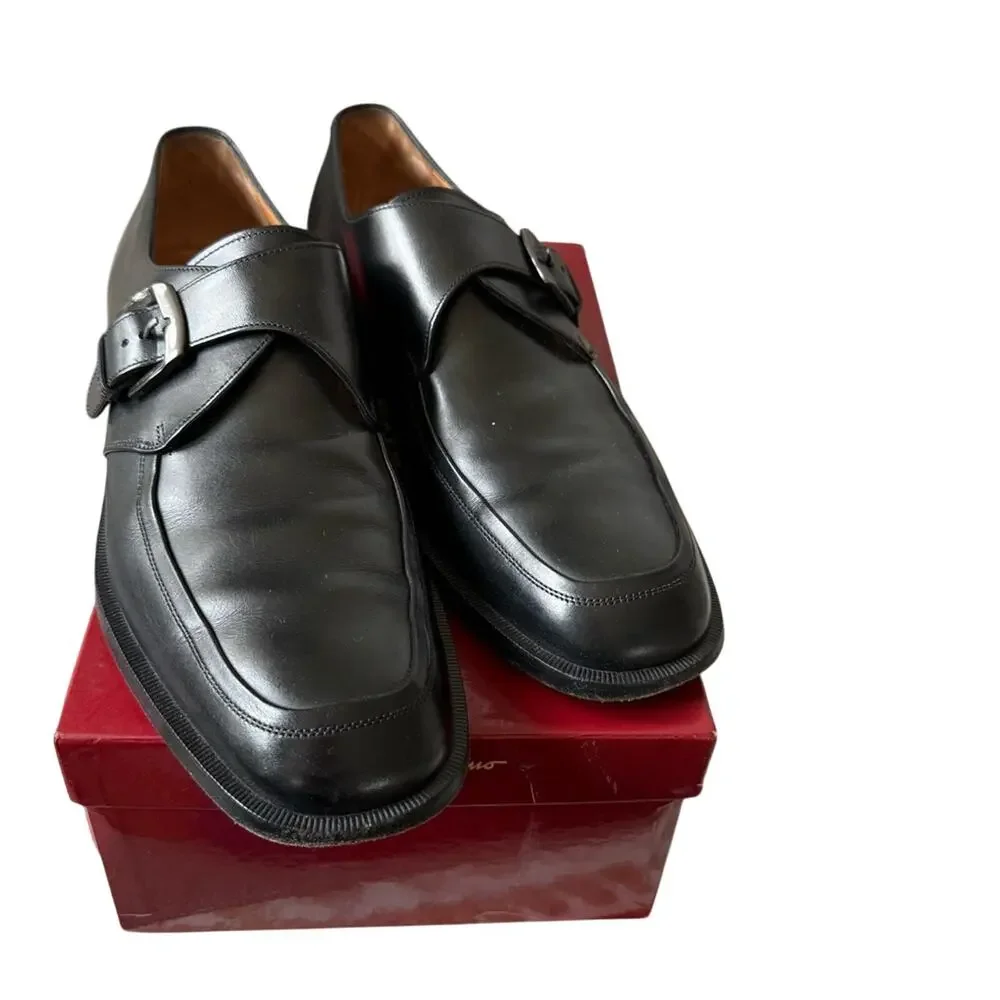 Salvatore Ferragamo Silver Buckle Black Leather Loafers Shoes Men’s 9 D